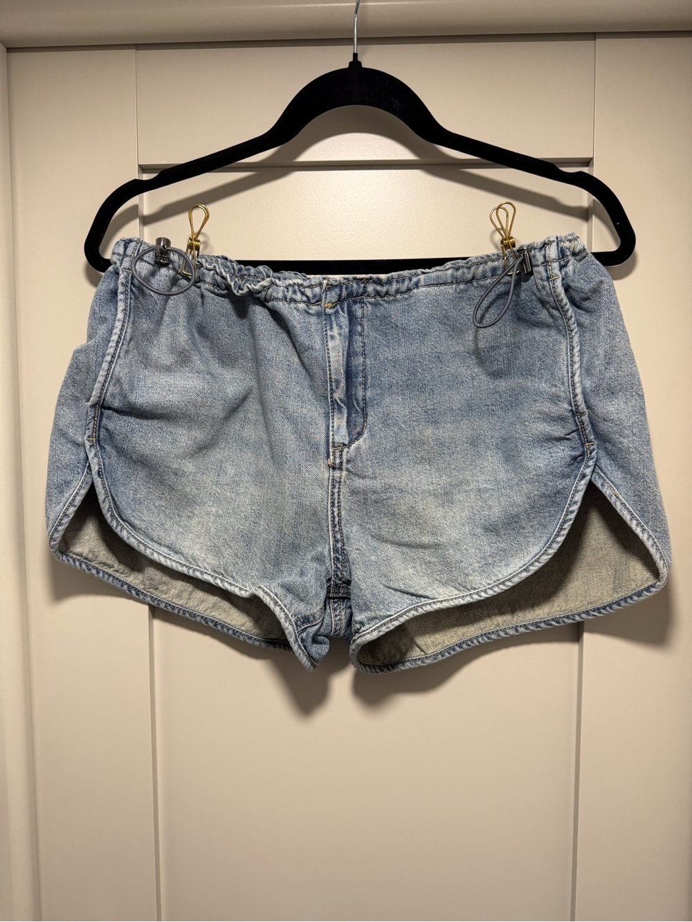 BDG Light Wash Denim Running Shorts with Curved Hem